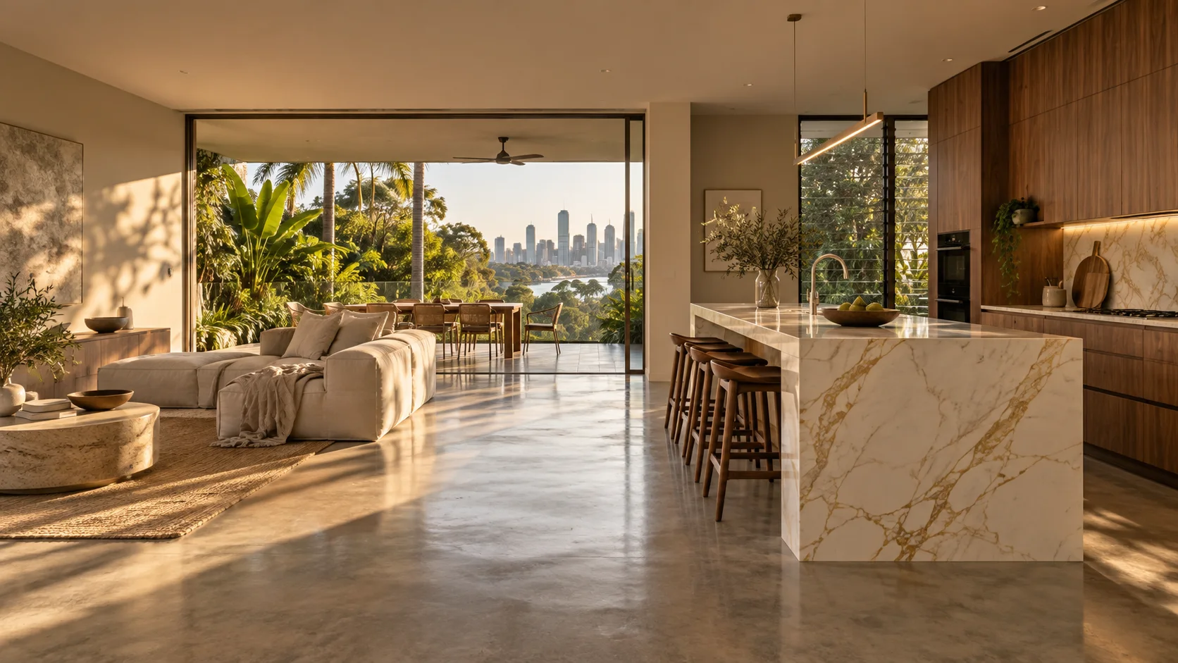 Architectural living space with polished concrete, warm timber and natural light